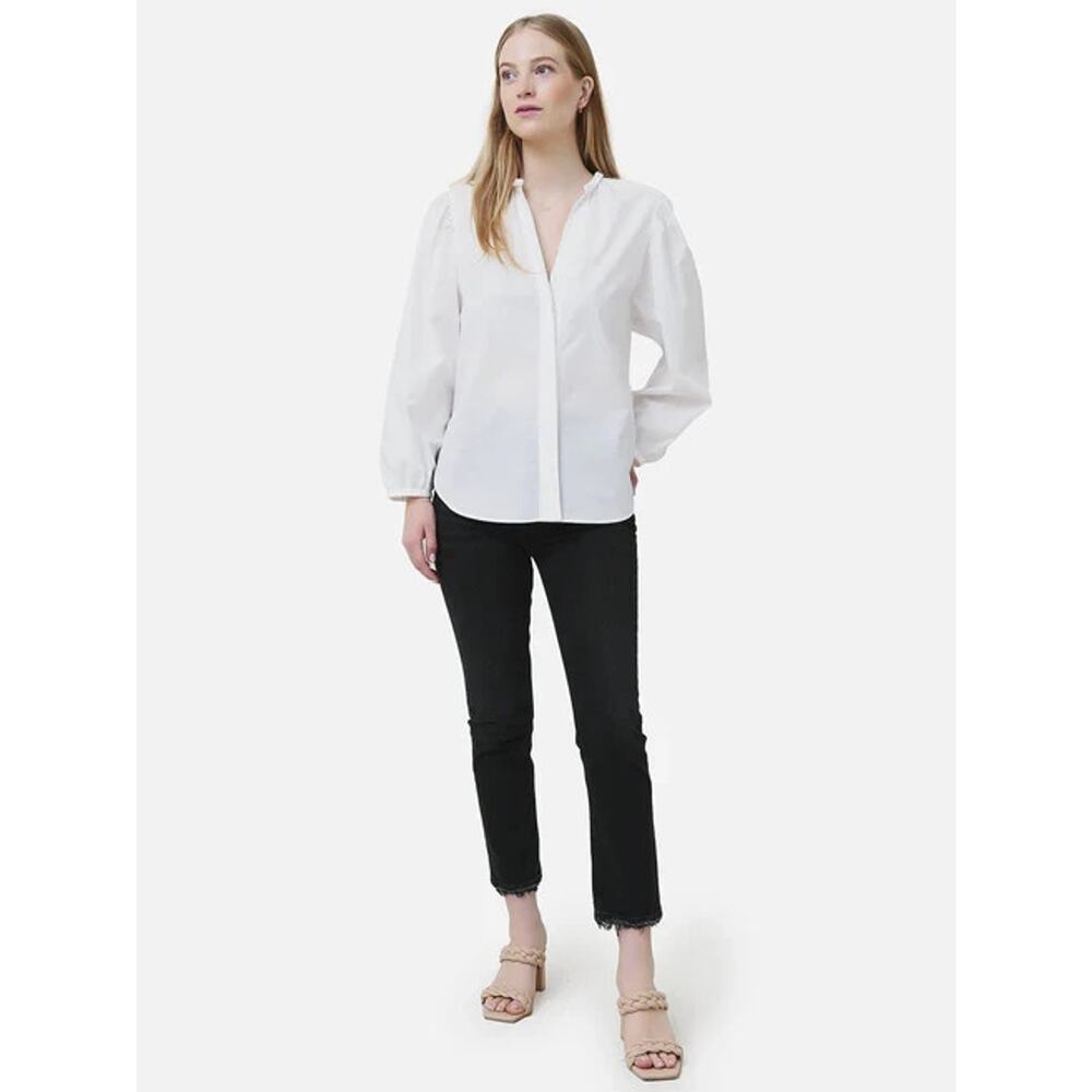 Vince Women's Braid Trim Band Collar Blouse White Button up Top Deep V-Neck XL - Picture 3 of 16